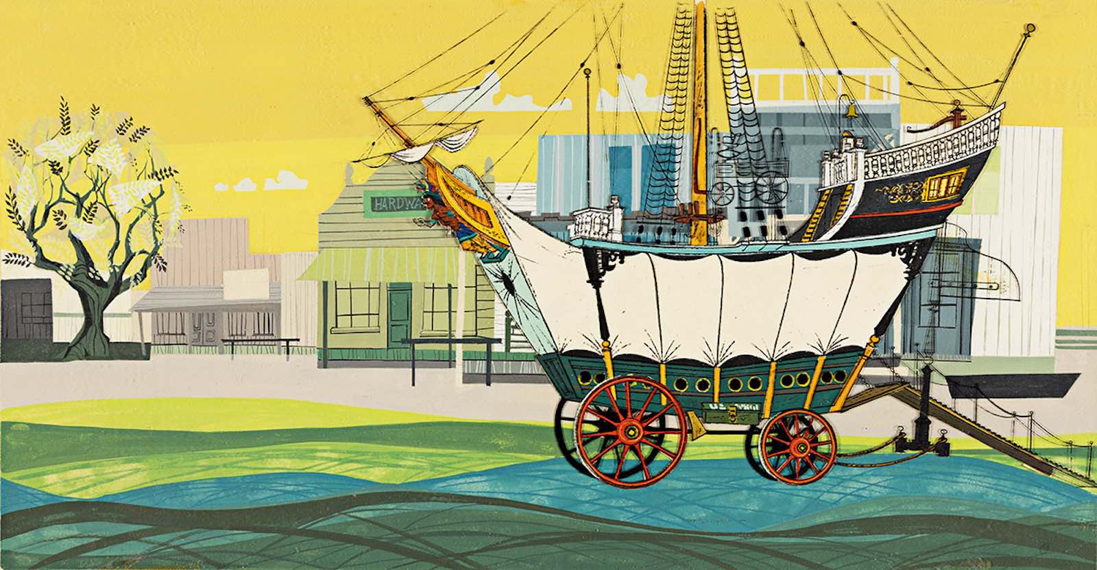 Lot 20: Walt Peregoy (Disney), Western-themed animation background concept and cel setup, created for The Saga of Windwagon Smith, 1961. Estimate $1,500 to $2,000.