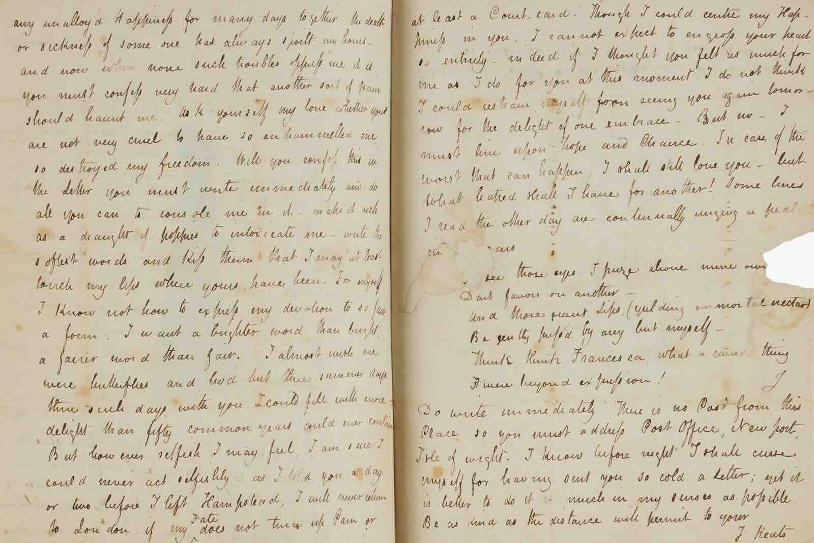 One of eight autograph letters signed by John Keats to his fiancée, Fanny Brawne
