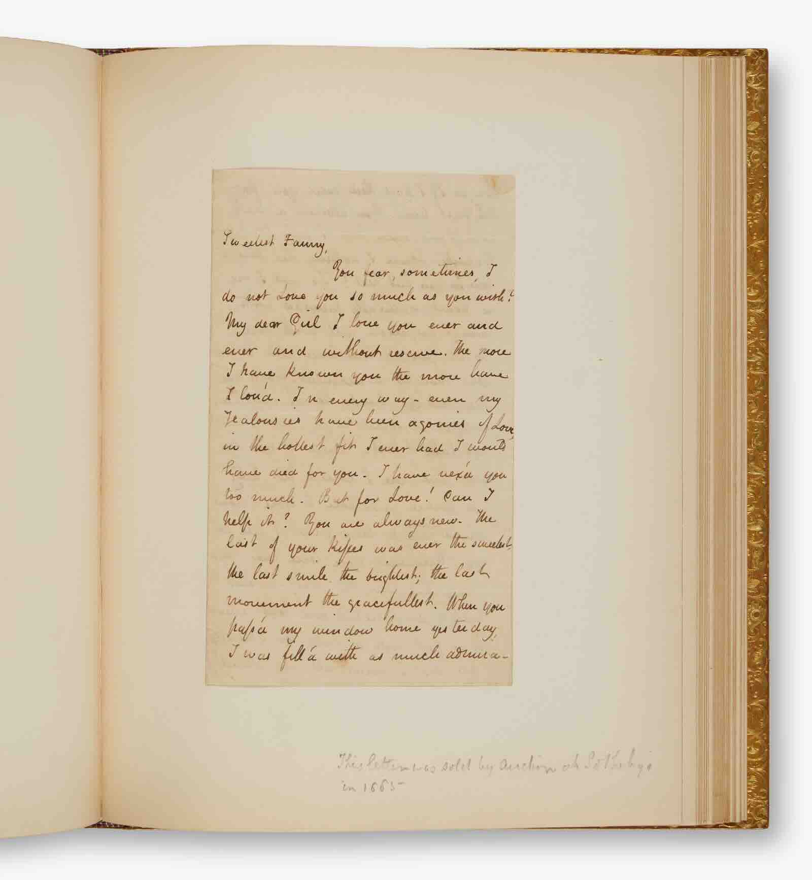One of eight autograph letters signed by John Keats to his fiancée, Fanny Brawne