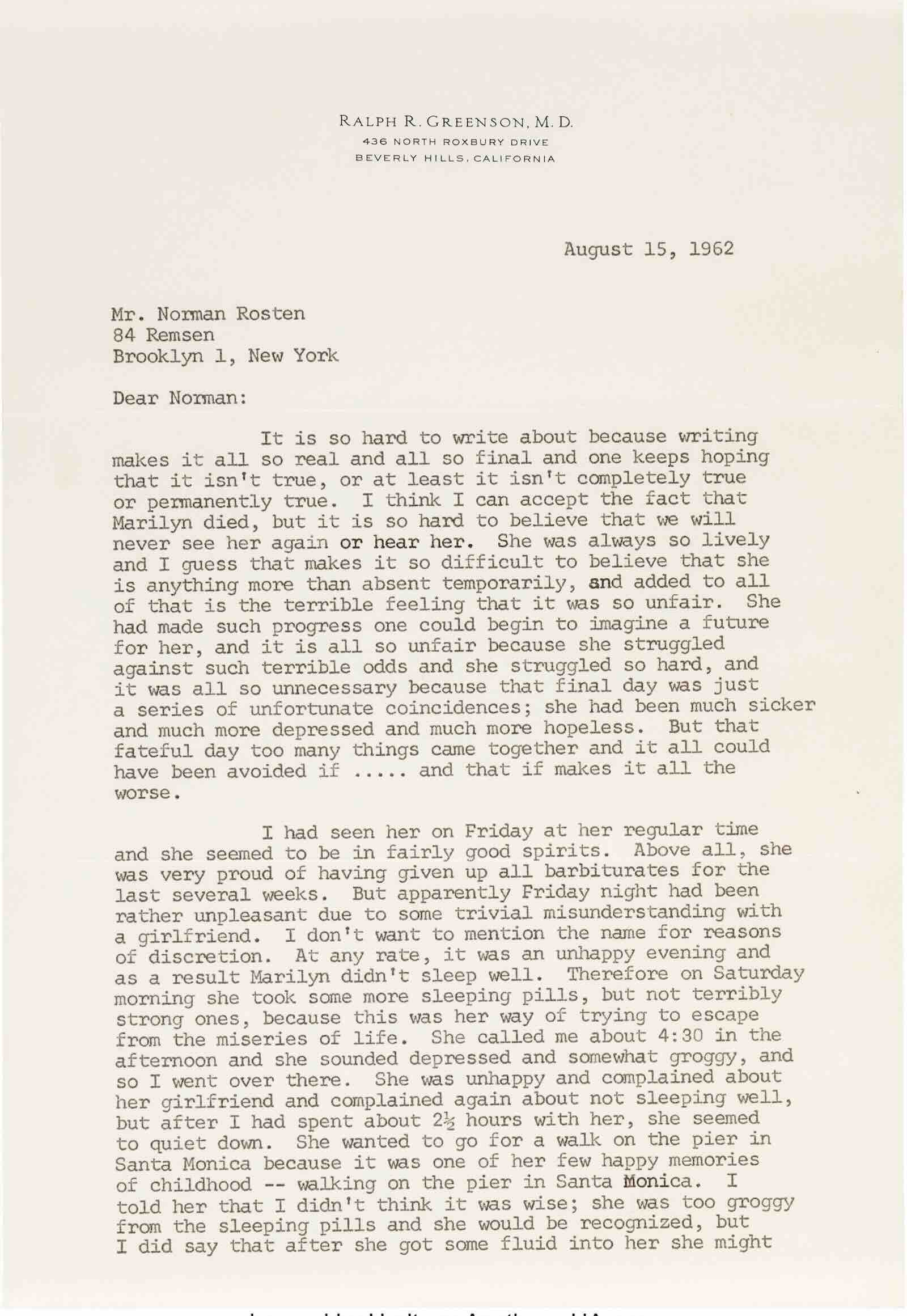 Letters from Marilyn Monroe's pyschiatrist Dr Ralph Greenson