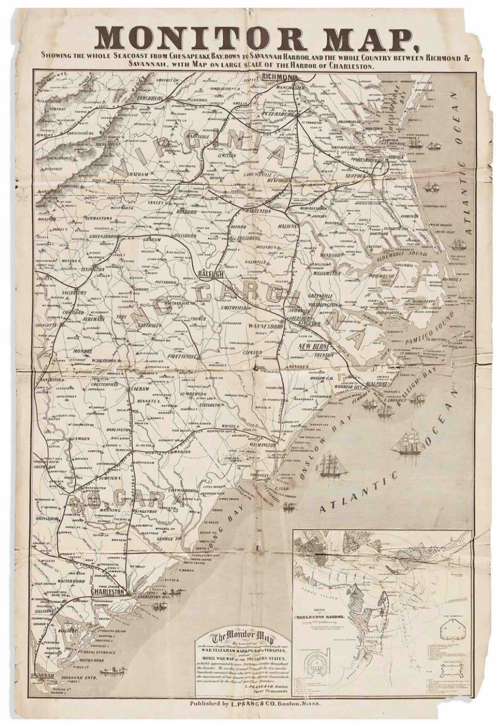 Monitor Map, Showing the Whole Seacoast from Chesapeake Bay Down to Savannah Harbor, and the Whole Country Between Richmond &amp; Savannah, with Map on Large Scale of the Harbor of Charleston, Louis Prang &amp; Co, Boston, 1863
