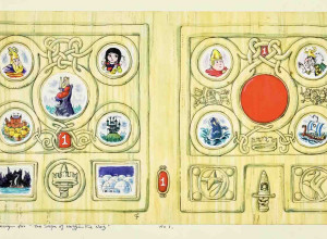 Peter Firmin, original Noggin the Nog artwork in colour for the cover of The Saga of Noggin the Nog - book 1, monogrammed with title to lower margin 
