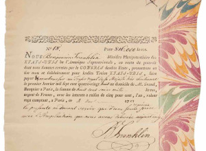 Benjamin Franklin, partially-printed promissory note, estimate $200,000-$300,000 
