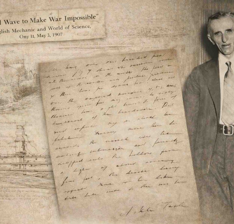 Nikola Tesla signed holograph manuscript page from Tidal Wave to Make War Impossible