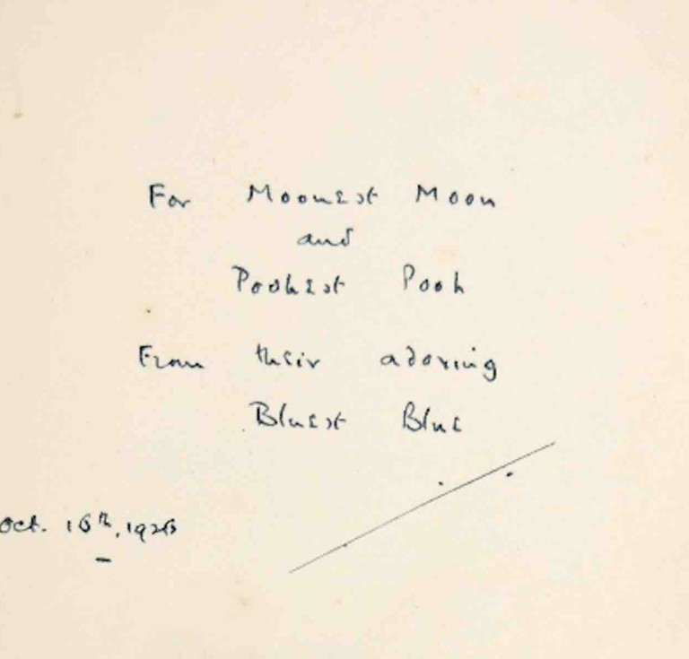 Inscription by A. A. Milne to both his son Christopher Robin and the original Winnie-the-Pooh teddy bear in the first edition of Winnie-the-Pooh (1926)