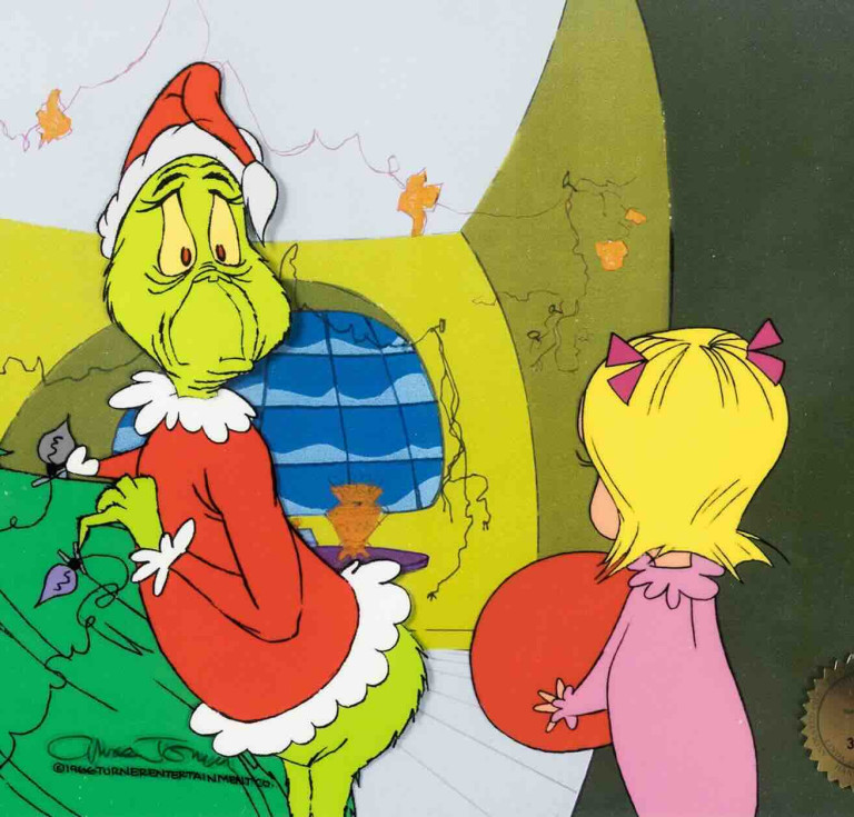 Detail from the production-cel pairing of the Grinch and Cindy-Lou Who as she catches the Grinch in the act of stealing Christmas