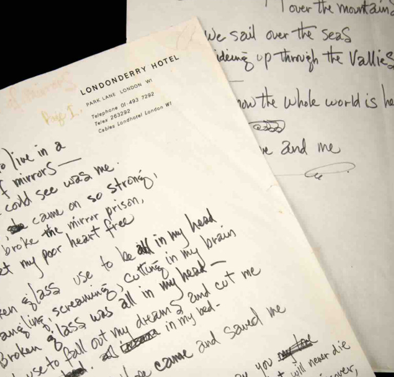 Jimi Hendrix handwritten working lyrics for Room Full of Mirrors