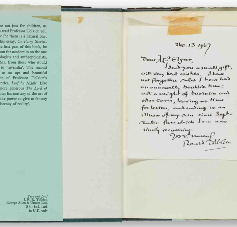 The handwritten note by Tolkien to fan Eileen Elgar