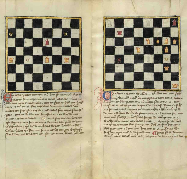 Two Chess Problems from Book of Chess Problems, late 1300s, French Tempera colors and gold leaf on parchment