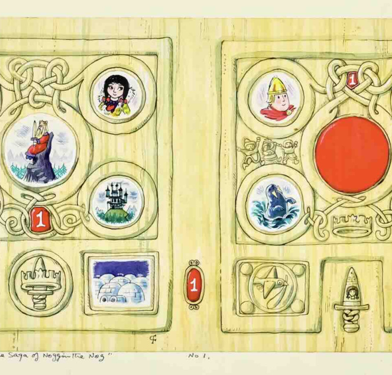 Peter Firmin, original Noggin the Nog artwork in colour for the cover of The Saga of Noggin the Nog - book 1, monogrammed with title to lower margin 